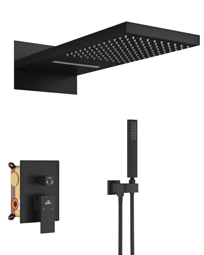 CASAINC Ducha de 22 pulgadas con cobertura grande, tipo cascada y lluvia, sistema de ducha de pared acabado negro mate miniatura 1