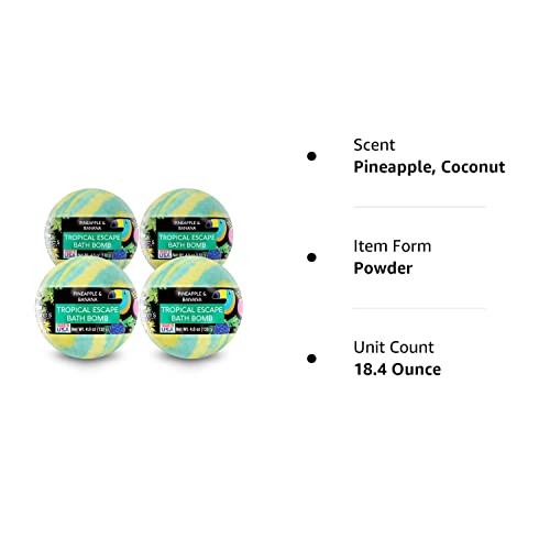 Nature's Beauty Tropical Escape, Pineapple & Coconut Scent Bath Bomb Multi-Pack - Natural Hand Crafted, Luxury Spa Bomb, Nourish Dry Skin, Made W/ Coconut Oil + Witch Hazel, 4.6 Oz (4 Pack) #TOP6