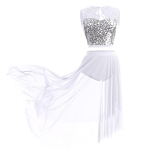 Lyrical Dance Costume for Women Adult Modern Contemporary Dancewear Dress Sequin Lace Floral Sleeveless Crop Top Asymmetrical Flowy Mesh Tulle Skirt 2pcs Ballet Leotard Outfit Ballroom White S