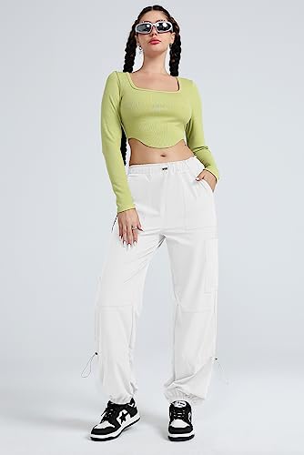 Allytok Parachute Pants For Women Cargo Jogger Pants Y2K Girls Streetwear Baggy Drawstring Wide Leg Trousers With Pockets White Small #TOP1