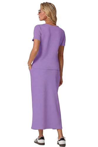 Image of GRECERELLE Women Summer Casual 2 Piece Sets V-Neck Wrinkle-Free Top & Elastic Waist Midi Side Slit Skirt with Pockets