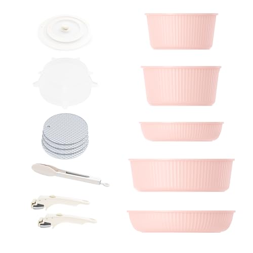 Image of Caannasweis Detachable Nonstick Cookware Set - Stackable Induction Pots and Pans With Removable Handles, Dishwasher Safe - For RV Camping, Oven and Stovetop Use, 5 Pieces (Petal)