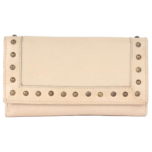 Vintage Italian Leather Boho Studded Trifold Wallet – Zipper Coin Purse & Credit Card Holder for Women (Beige)