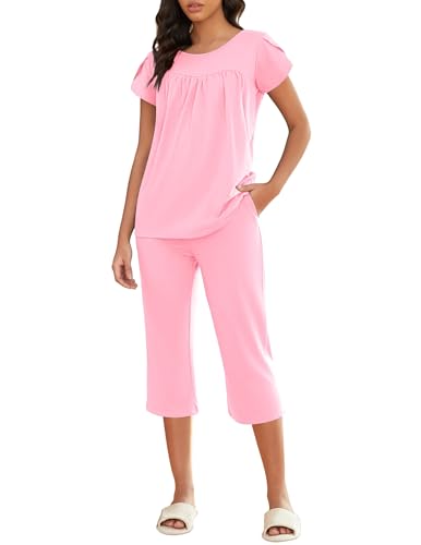 Image of Ekouaer Capri Cotton Pajama Sets Short Sleeve Pleated Top and Pants 2 Piece Pjs Sleepwear with Pockets for Women