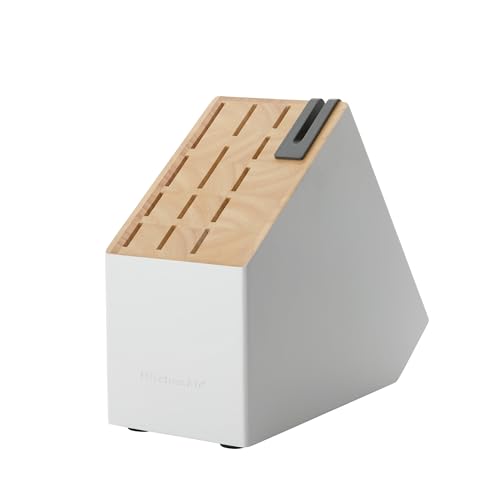 Image of KitchenAid Slim Two-Tone Knife Block Set with Built-In Knife Sharpener, Stainless Steel Kitchen Knives, Sharp Kitchen Knife Set with Block, 14-Piece, White