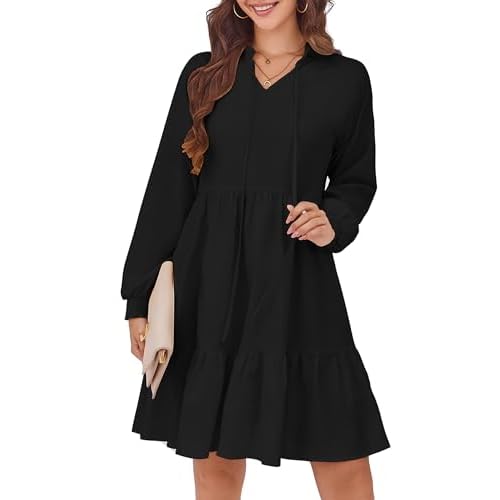 HUSKARY Baby Doll Dresses Women Fall Casual Tie V Neck Ruffle Tiered Tunic Dress Knee Length Cute Dresses with Pockets Black Small