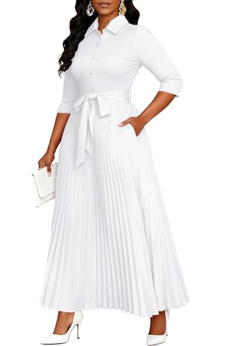 Image of Runwind Maxi Dresses for Women, 3 /4 Sleeve Botton Down Pleated Long Dress with Belt Casual Church Dress with Pockets