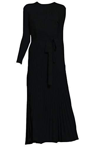 Image of Women's Long Knit Crewneck Sweater Dress Tie Waist A-Line Swing Pleated Bodycon