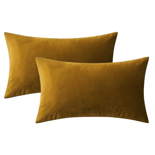 Image of MIULEE Velvet Throw Pillow Covers 12x20 Inch, Pack of 2 - Mustard Yellow, Soft Solid Lumbar Decorative Pillow Covers Modern Luxury Home Decor for Spring Couch Sofa Bedroom Livingroom