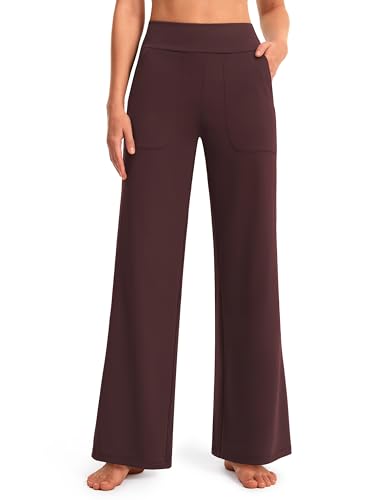 AFITNE Wide Leg Pants for Women Yoga Dress Pants with Pockets, High Waist Stretch Loose Casual Lounge Work Sweatpants Maroon XL 32"
