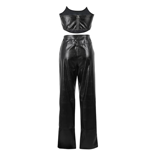 WOKANSE Women's Sexy Chic PU Faux Leather 2 Piece Outfits Tube Crop Tops and Casual Straight Leg Trousers Pants Set4