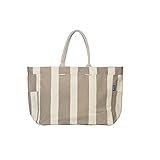 Aqva Stripe Canvas Tote Bag For Women, Shoulder Sling Top Zip, Inner Zip Pocket, For Casual, Shopping, Travel, Work, Pool, Beach (Kraft)