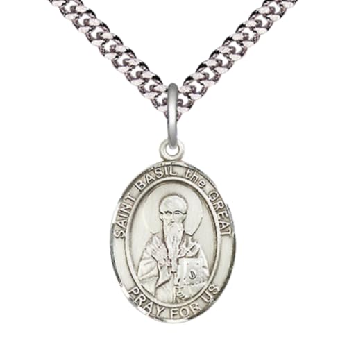 Medium Men's .925 Sterling Silver Saint Basil the Great Medal Pendant on 24 Inch Chain and Gift Box, Catholic Religious Necklace -Made in USA