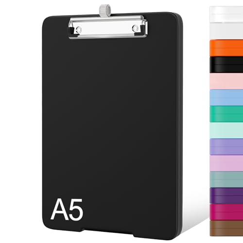Piasoenc Kleines Klemmbrett mit Aufbewahrung, A5-Organisationsbox mit Stifthalter, Kunststoff-Klemmbrett mit niedrigem Profil-Clip für Krankenschwestern, Lehrer, Schwarz
