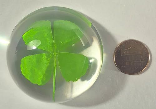Image of 49mm Real Four Leaf Clover Shamrock in Crystal Clear Semi-Sphere Lucite Resin Specimen St.Patrick's Day inchLucky Leaf inch Gift Crafts Collection Botany Science Education Desk Ornament Display Paperweight | Clover in Resin