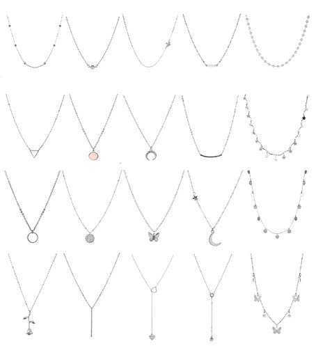 Honsny 20 PCS Gold Layered Necklace Set Silver Choker Necklaces for Women Adjustable Moon Star Butterfly Charms Pendant Necklaces Multilayer DIY Chain Necklaces