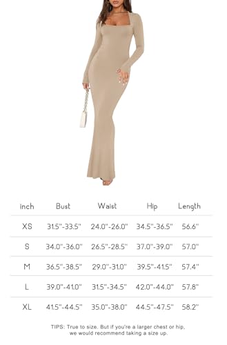 REORIA Casual Sexy Dresses for Women Date Night Going Out Club Outfits Square Neck Long Sleeve Ribbed Bodycon Maxi Dress Coffee Medium - Image 5