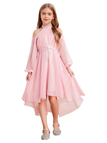 Aislor Mädchen Festlich Kleid Elegant Blumenmädchenkleider Langarm Chiffonkleid Neckholder Abendkleider Glitzer Partykleid Strandkleid Sommer Rosa...
