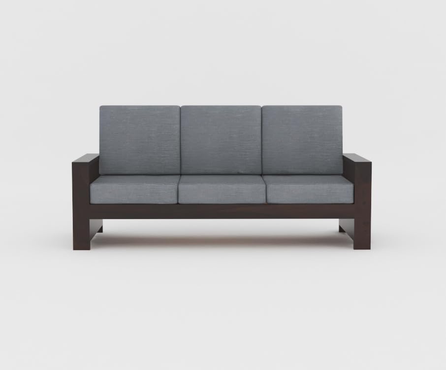 Image of Sheesham Wooden 7 Seater Sofa for Living Room | Rosewood 7 Seater Cushion Sofa with Side Rack | Solid Wood Sofa Set for Lounge (3+2+2,Walnut Finish)