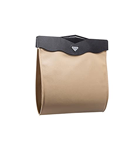 Image of Car Trash Bin w /50pcs Trash Bags - LED Luxury Leather Garbage Can - Folding, Waterproof - Khaki