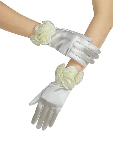 Goiruiya Short Satin Floral Gloves Elegant Wedding Dress Gloves for Opera Dinner Party Accessories Ivory