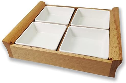 Jinsongdafa Wood Pallet Porcelain Divided Serving Dishes, Appetizer， Relish Tray, Serving Bowls for Parties - Perfect for Chips and Dip, Veggies, Candy and Snacks | Reusable (4 Cells Platters)