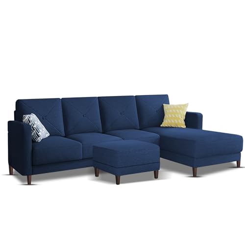 Image of Baloney RHS 6 Seater L Shape Sofa Set with Center Table for Living Room (Blue Fabric) Premium Fabric Sofa