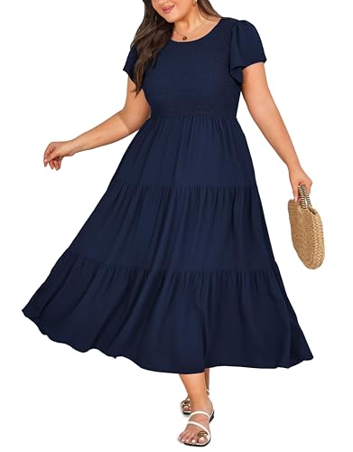 KIMCURVY Women's Plus Size Summer Casual Dress Crew Neck Flutter Short Sleeve Smocked Tiered Maxi Dress with Pockets