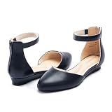 Cusolemore Women Flats with Ankle Strap, Comfortable Navy Blue Flats for Women, Pointed Toe Dress Flat Shoes with Low Wedge Heel Size 8