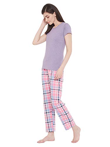 Image of Clovia Women's Cotton Checks Printed Pyjama and Basic Top Set