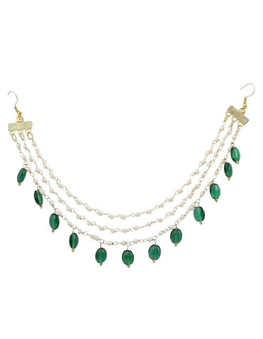 SSJR Jewellery 3-Layer Gold Plated Brass Makhhi Hair Chain with Green Tumbler Stones & Pearl Beads for Women & Girls | Traditional Bridal Head Jewellery Hair Accessory for Wedding, Party, Festival, Anniversary, Office Wear & Everyday Gift-image-28