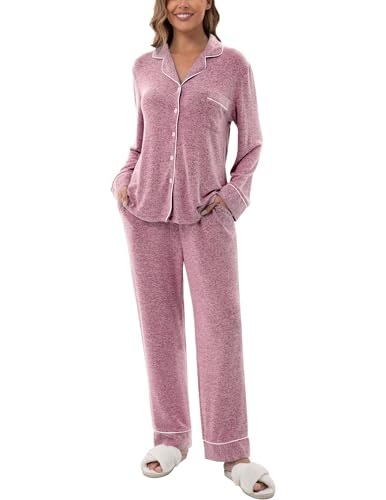 Image of UMBY Women's Silk Satin Pajama Sets, 2 Piece Silky Pjs Sets for Women, Soft Pajama Set with Long Sleeve Top and Pants Light Pink