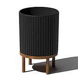 Veradek Demi Series Round Planter w/ Stand for Porch/Patio | Durable Plastic-Concrete & Wooden Stand | Modern Décor for Tall Plants, Flowers