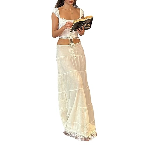 Women´s Long Skirts Lace Hem Tie-Up Low Waist Skirts Spring Summer Fashion Casual Skirts4