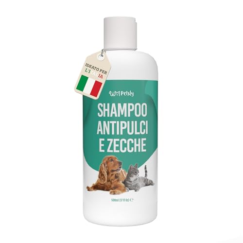 Petsly® Shampoo Antipulci per Cani e Gatti –500 ml– Elimina Pulci e Zecche - pH Bilanciato per Pelli Sensibili, Deterge e Protegge – Formula Delicata con Aloe Vera e Camomilla – Adatto a Cuccioli