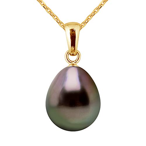 PEARLS & COLORS - Pendentif Véritable Perle de Culture de Tahiti Poire 10-11 mm - Qualité A+ - Disponible en Or Jaune et Or Blanc - CHAINE OFFERTE - Bijou...