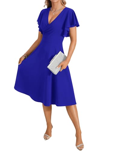 Image of LYANER Women's Warp V Neck Ruffle Short Sleeve A Line Swing Flared Cocktail Party Midi Dress