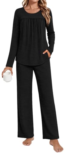 OFEEFAN Pajama Sets for Women Two Piece Fall Outfits with Pockets Black S — view 3