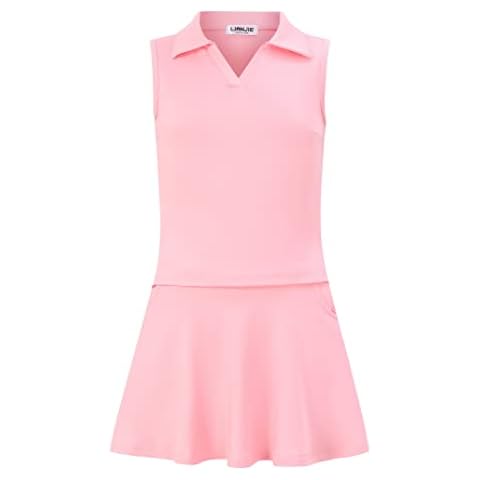 LIONJIE Kids Girls Tennis Golf Dress Outfit Sleeveless Dress with Pockets Athletic Skorts and Polo Tank Top Sets Pink Cover