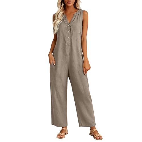 Mono Mujer sin Mangas Algodón y Lino Cuello en V Color Liso Moda Mujer Mono Cómodos Classic Moda Monos con Bolsillo Chic Suave Ocasiones Informales y Profesionales Casual Fiesta Playa Primavera