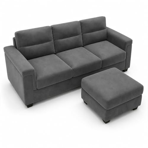 Image of FURNY Parker 3 Seater Sofa Set with Ottoman | Premium Suede Velvet Fabric Finish | Durable Comfort Sofa for Modern Living Room & Office Spaces (Dark Gray)