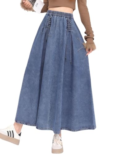 ebossy Women's Casual Cute Tie Front Denim Maxi Skirt Elastic Waist A-Line Pleated Flowy Jean Long Skirts