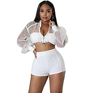 acelyn Women's 2 Piece Outfits - See Through Sheer Mesh Long Sleeve Zip Up Crop Tops + High Waist...