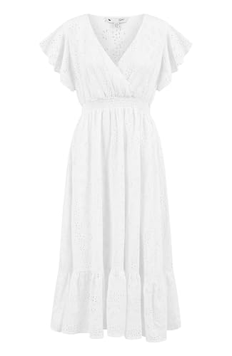 Yumi White Cotton Broderie Anglaise Wrap Midi Dress (UK, Numeric, 12, Regular, Regular, White)