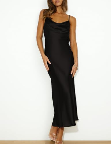 Image of Summer Satin Spaghetti Strap Cowl Neck Backless Midi Dresses for Women Elegant Tie Low Back Ruched Cocktail Dress