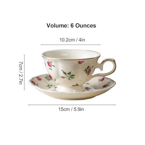 fanquare 6 oz Rose Floral Tea Cup and Saucer Set with Gold Trim, English Country Style Porcelain Coffee Cup for Afternoon Tea Home Party Gifting