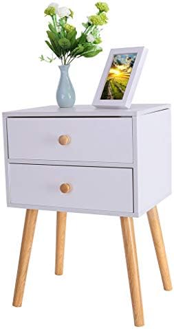 Juesi Nightstand w/2 Drawers, End Table Storage, Modern Mid-Century Style Wood Cabinet Bedroom Accent Side Table (White)