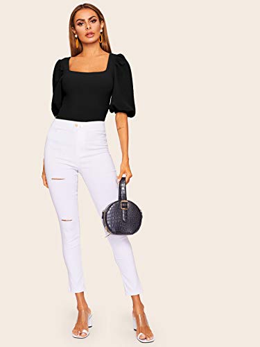 Romwe Women's Casual Puff Sleeve Square Neck Slim Fit Crop Tee Tops Black Us 8/Medium #TOP4