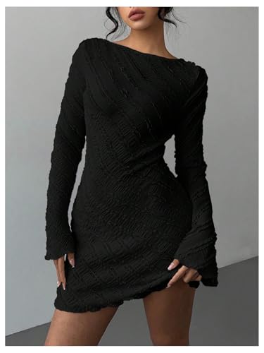 Floerns Women's Summer Mini Dress Flare Sleeve Boat Neck Textured Going Out Dresses4