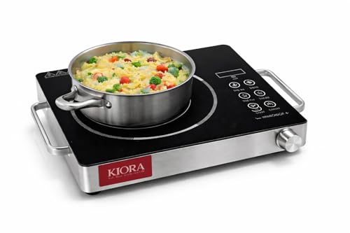 Image of KIORA Infrared Induction Cooktop, 2200 Watts, 8 Power Levels, Crystal Heating Plate, LED Display, Preset Functions, Stainless Steel Handles, Control Knob